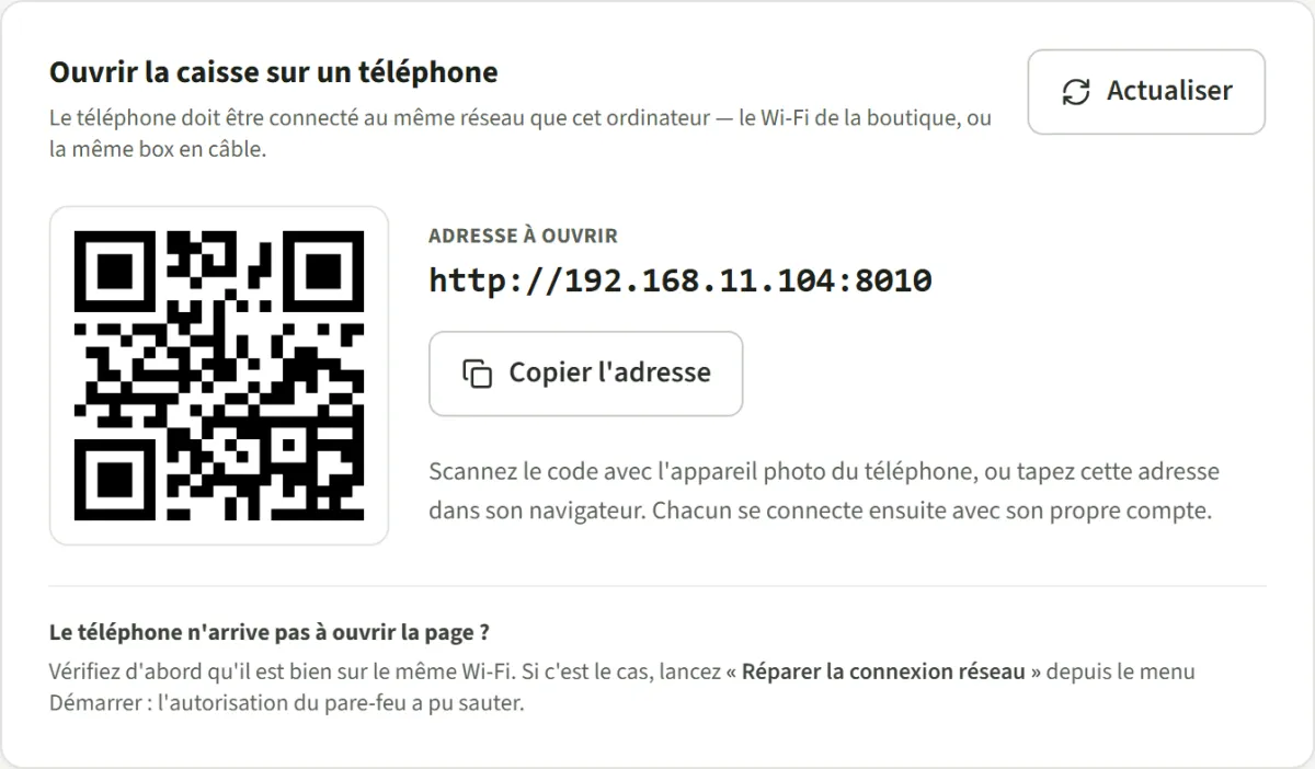 L'écran Accès mobile : un QR code et l'adresse à ouvrir sur le téléphone