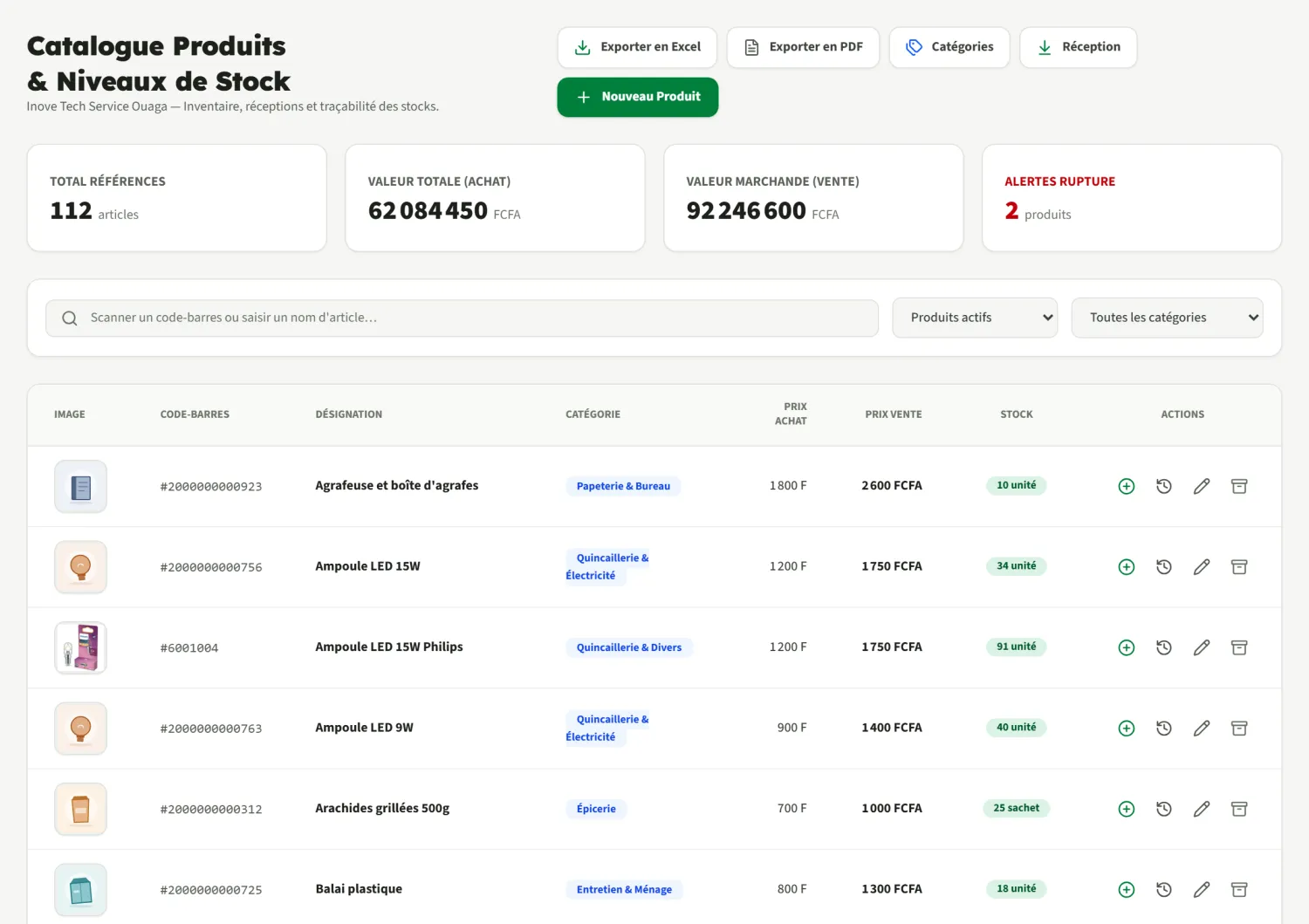 Le catalogue des produits avec le stock, les prix d'achat et de vente de chaque article