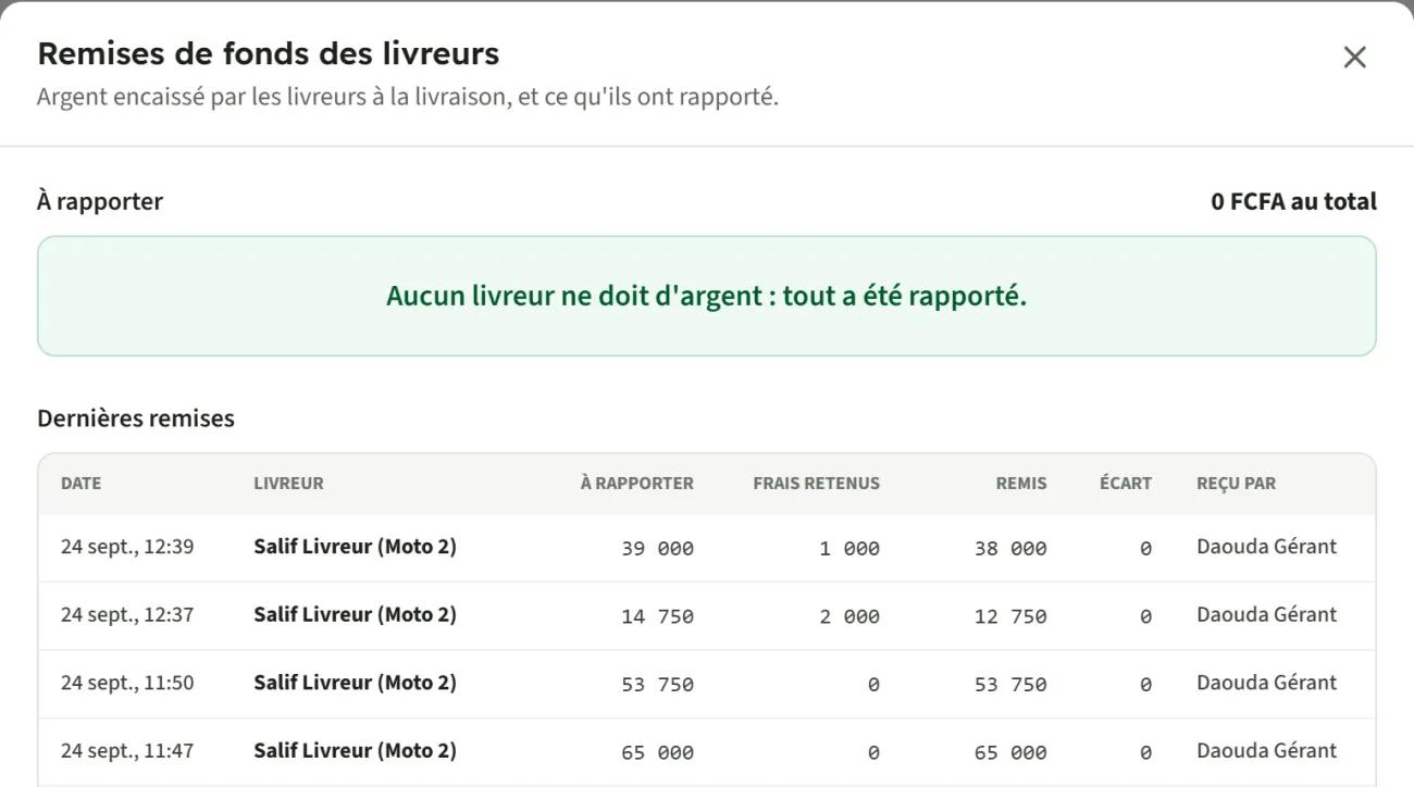 Les remises de fonds des livreurs : montant à rapporter, frais retenus, somme remise et personne qui l'a reçue