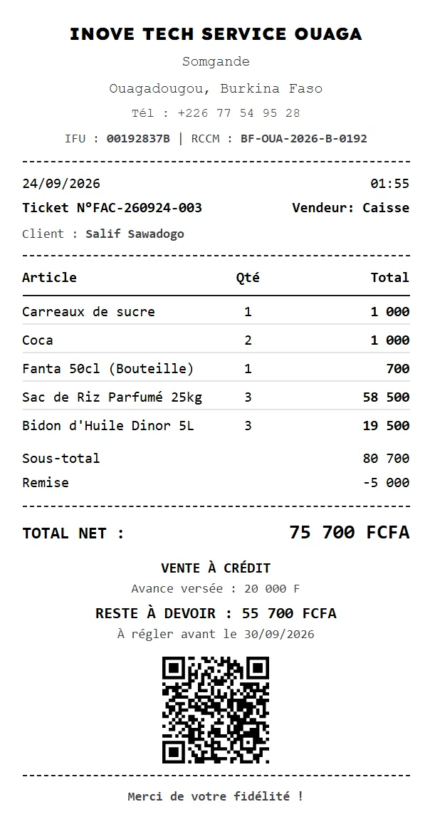 Un ticket de caisse imprimé par InoveStock, pour une vente à crédit avec avance